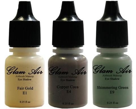 Glam Air Set of Three (3) s-E1 Fair Gold E4Copper Cocoa, & E9shimmery Green,  Airbrush Water-based 0.25 Fl. Oz. Bottles of Eyeshadow Shimmery Green, Copper Cocoa, Fair Gold
