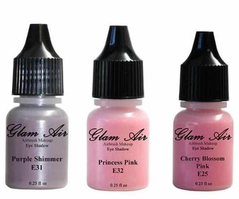 Glam Air Set of Three (3) Airbrush Eye Shadow s-E25 Cherry Blossom, E31Purple Shimmer and E32 Princess Pink Airbrush Water-based 0.25 Fl. Oz. Bottles of Eyeshadow