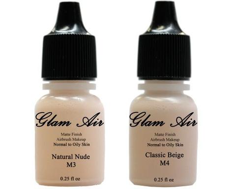 Glam Air Airbrush Makeup Foundations Set Two M3 Natural Nude and M4 Classic Beige  for Flawless Looking Skin Matte Finish For Normal to Oily Skin (Water Based)0.25oz Bottles