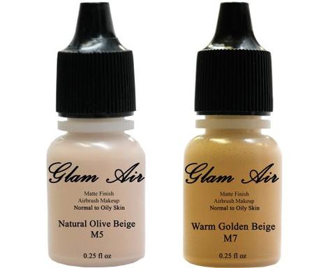 Glam Air Airbrush Makeup Foundations Set Two M5 Natural Olive Beige and M7 Warm Golden Beige for Flawless Looking Skin Matte Finish For Normal to Oily Skin (Water Based)0.25oz Bottles