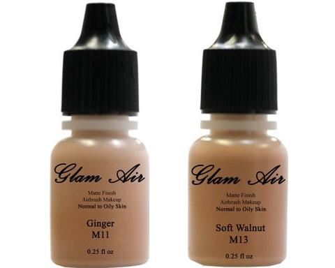 Glam Air Airbrush Makeup Foundations Set Two M12 All Spice and M14 Toasted Walnut for Flawless Looking Skin Matte Finish For Normal to Oily Skin (Water Based)0.25oz Bottles
