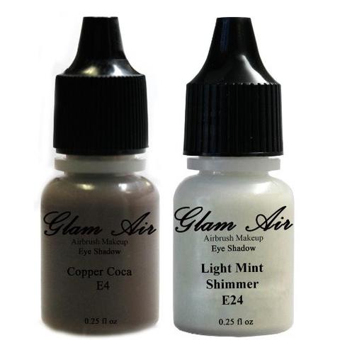 Set of Two (2) Shades of Glam Air Airbrush Eye Shadow Makeup E4 Copper Cocoa and E24 Light Mint Shimmer Water-based Formula Last All Day (For All Skin Types) 0.25oz Bottles