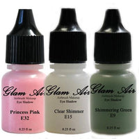 Set of Three (3) Shades of Glam Air Airbrush Eye Shadow Makeup E9 Shimmery Green, E15 Clear Shimmer and E32 Princess Pink Water-based Formula Last All Day (For All Skin Types) 0.25oz Bottles