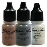 Set of Three (3) Shades of Glam Air Airbrush Eye Shadow Makeup E2 Shimmering Black Smoke, E12 Bronze Godess and E24 Light Mint Shimmer Water-based Formula Last All Day (For All Skin Types) 0.25oz Bottles