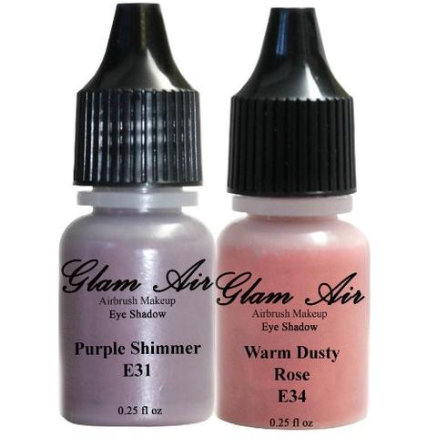 Set of Two (2) Shades of Glam Air Airbrush Eye Shadow Makeup E31 Purple Shimmer and E34 Warm Dusty Rose Water-based Formula Last All Day (For All Skin Types) 0.25oz Bottles